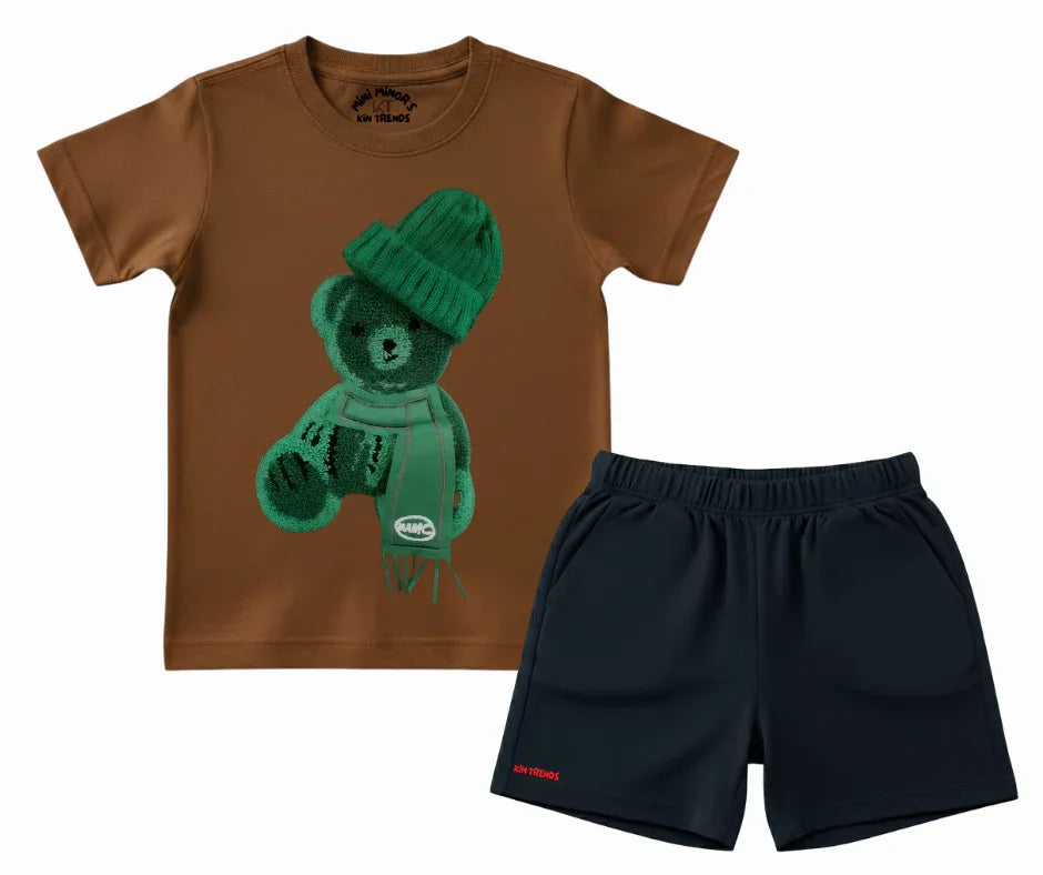 Color Contrast Greeny Bear Shorts Set (Not Embroidered) Kids T shirt and shorts | Mini Minors Kin Trends | Kintrends
