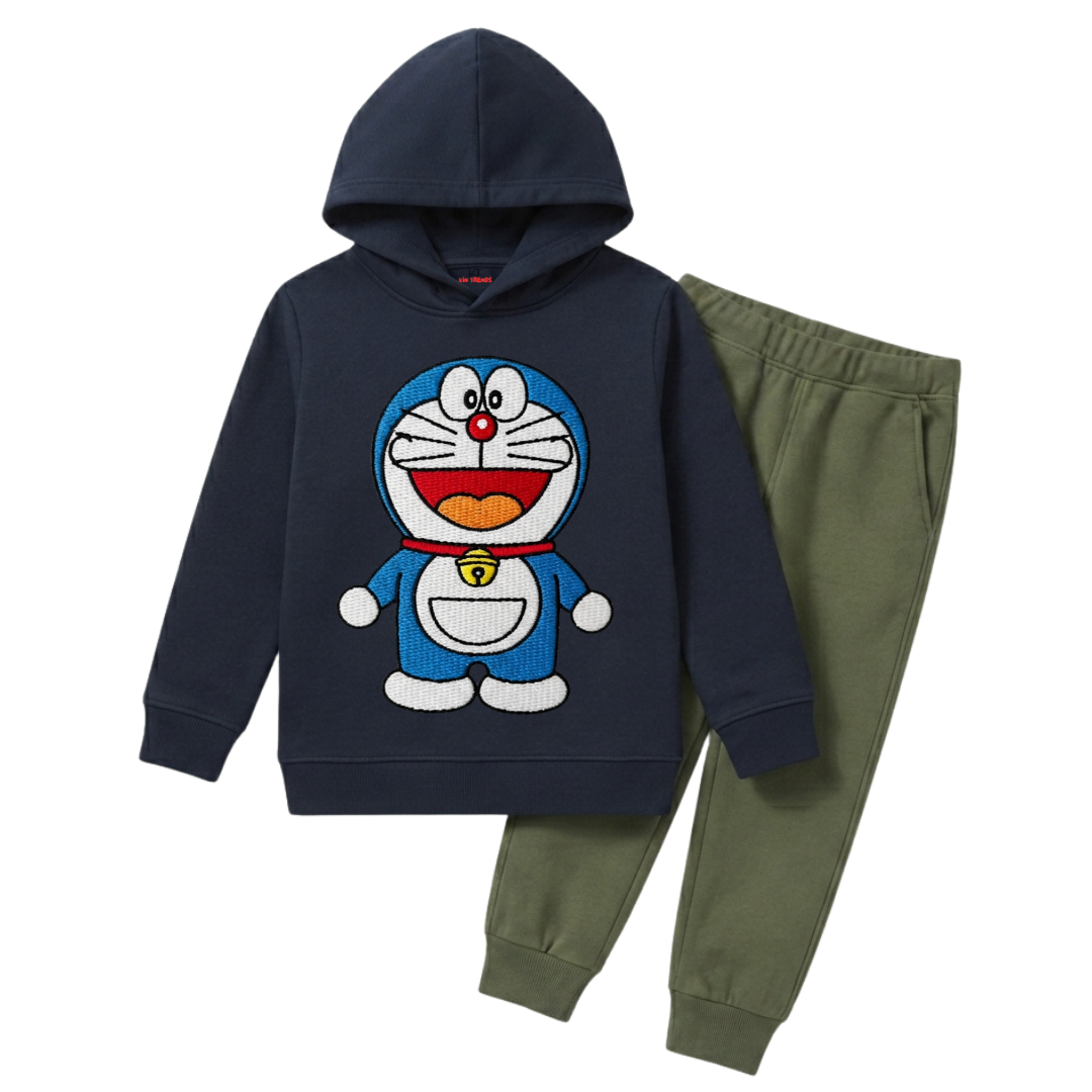 Doraemon Anime Cartoon Character Printed Kids Winter Fleece Tracksuit - 2 Pcs