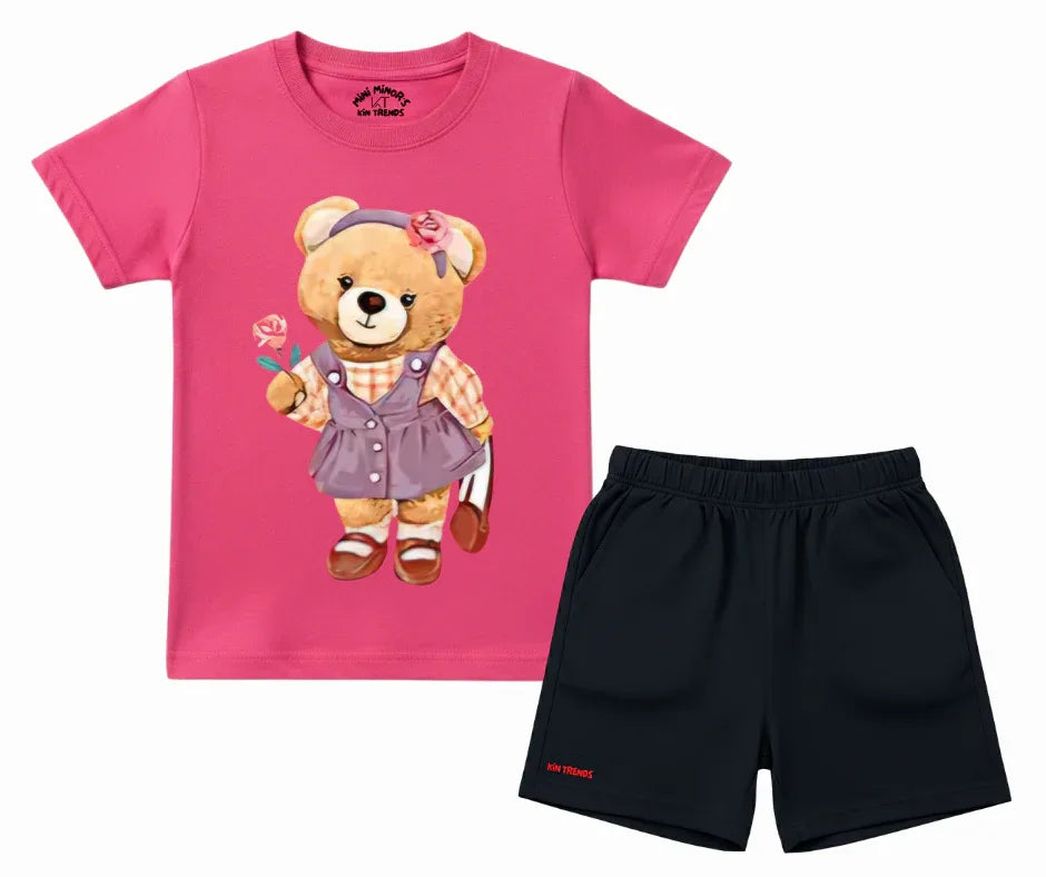 Girls Pink Teddy Bear T Shirt & Black Shorts| Mini Minors Kintrends