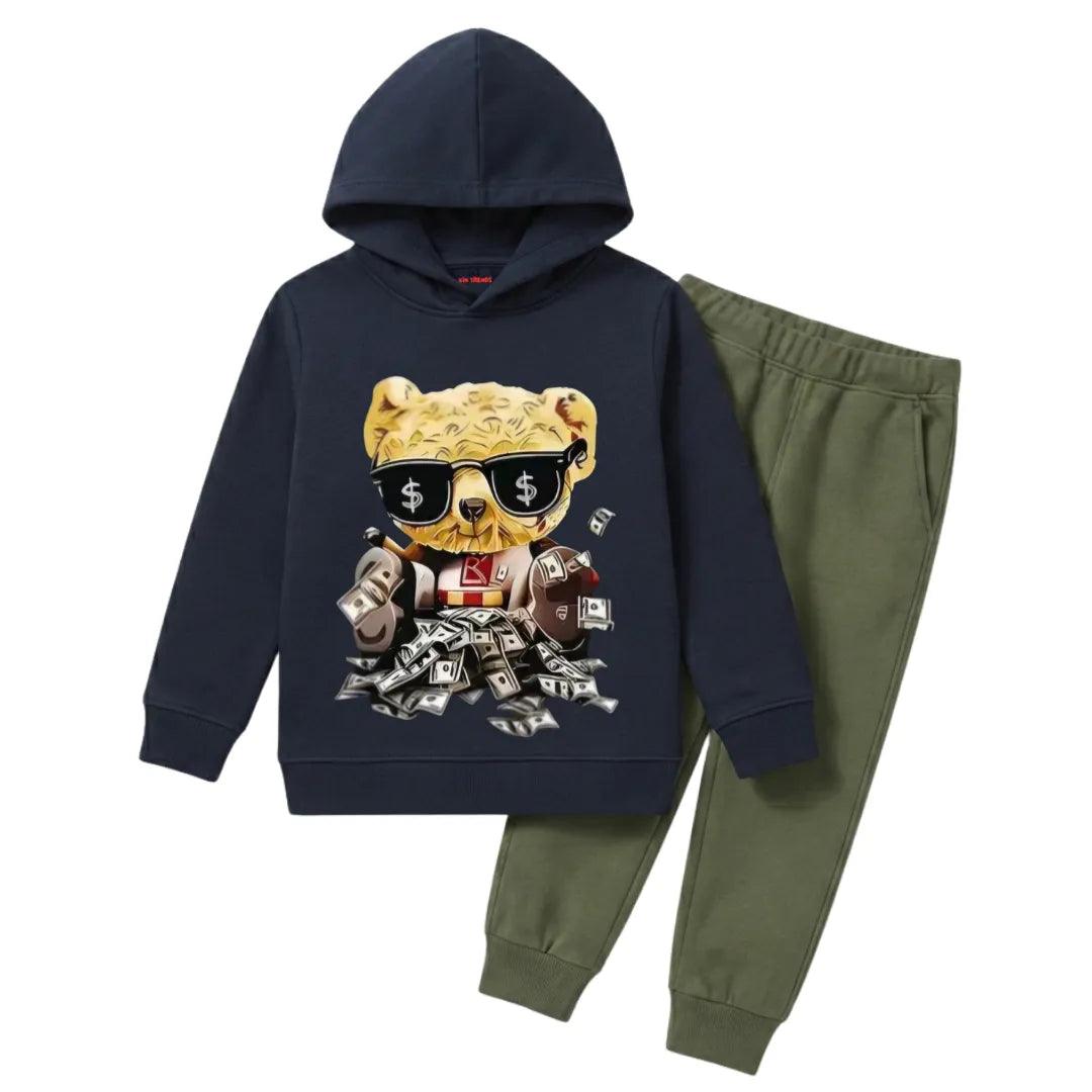 Boys Hip Hop Millionaire Bear Graphic Print Winter Hoodie Set