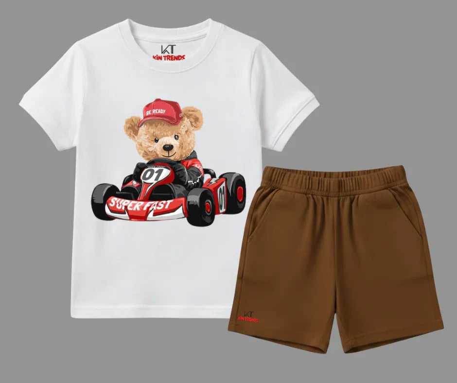 Racing Bear White T Shirt and Brown Shorts Set| Mini Minors Kintrends