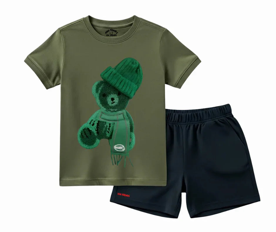 Color Contrast Greeny Bear Shorts Set (Not Embroidered) Kids T shirt and shorts | Mini Minors Kin Trends | Kintrends