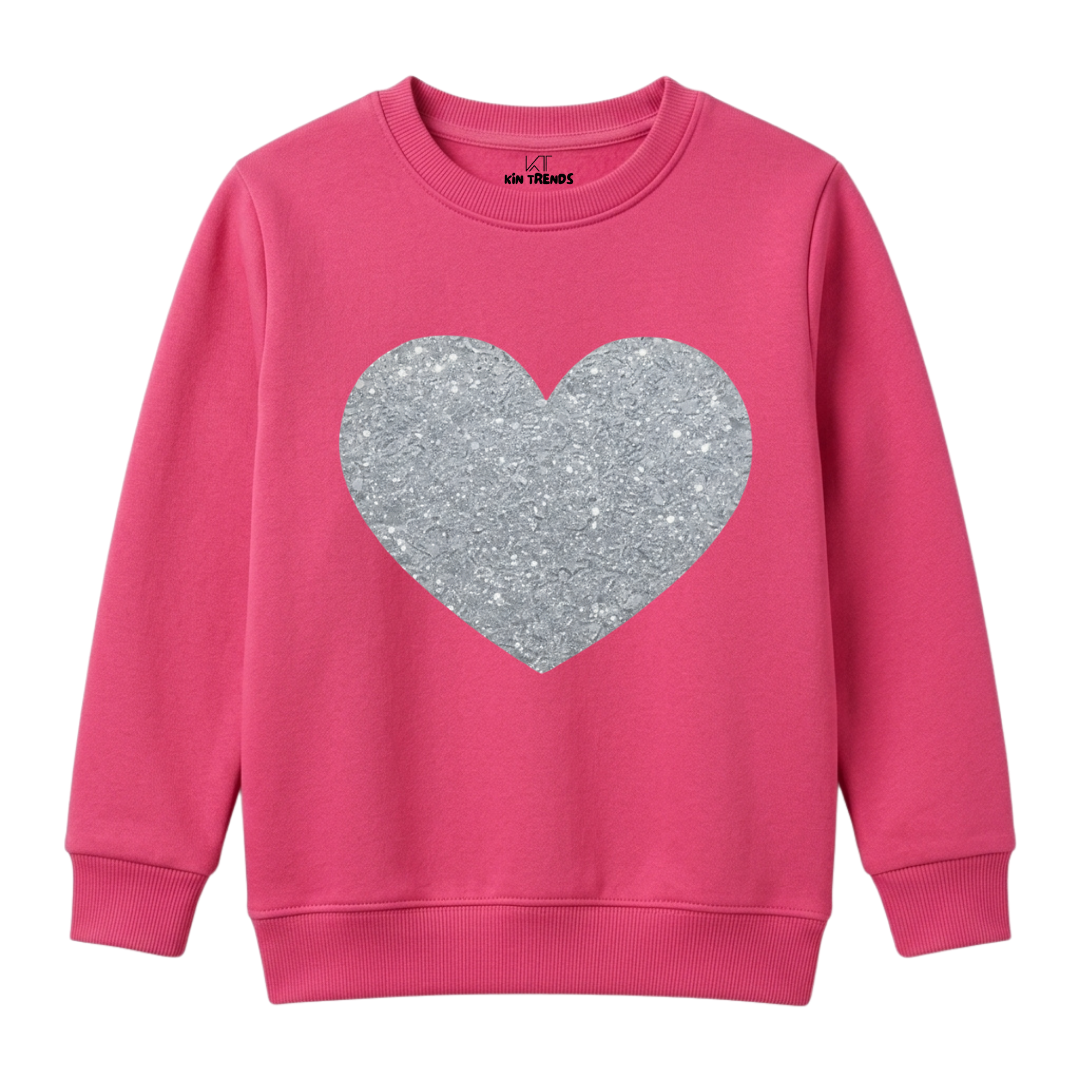 Classic Silver Glitter Heart Print Kids Winter Crewneck Sweatshirt