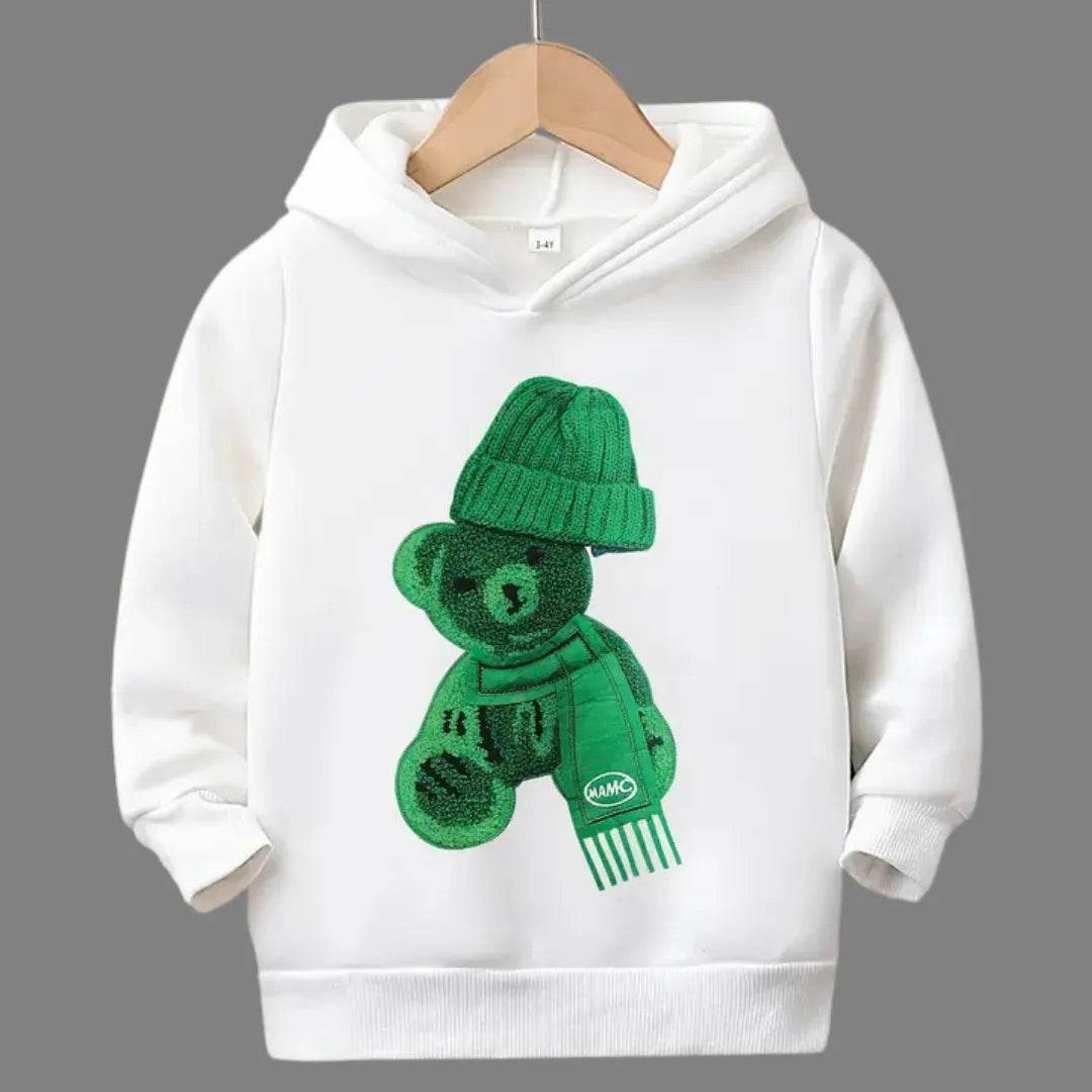 (Not Embroidered) Printed Greeny Bear Warm Fleece Hoodie - Kin Trends