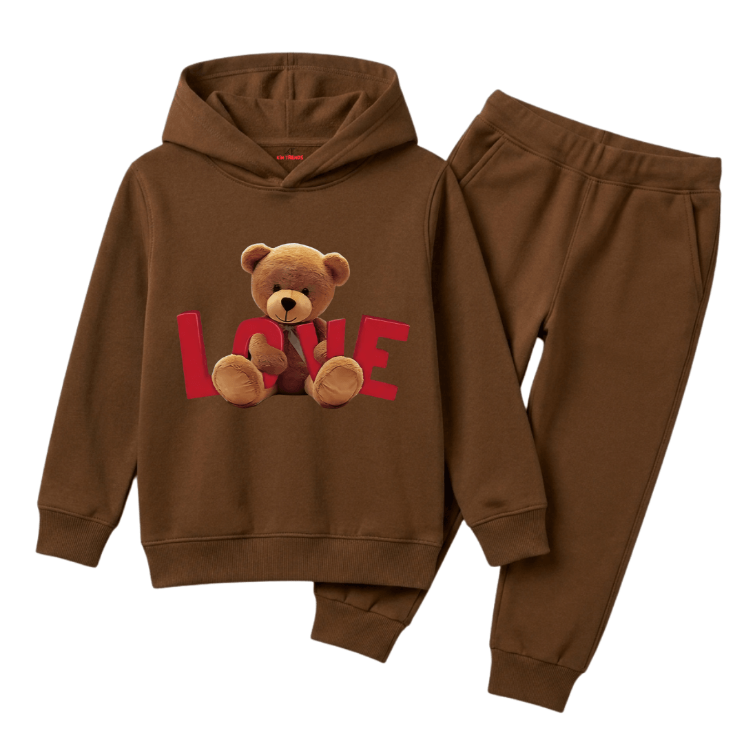 Cute Teddy Bear LOVE Graphic Printed Kids Winter Fleece Tracksuit - 2 Pcs
