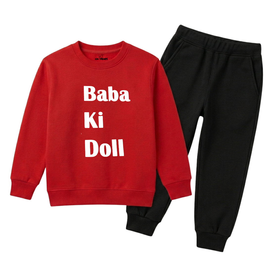 Baba Ki Doll Bold Slogan Girls Winter Sweatshirt Tracksuit - 2 Pcs