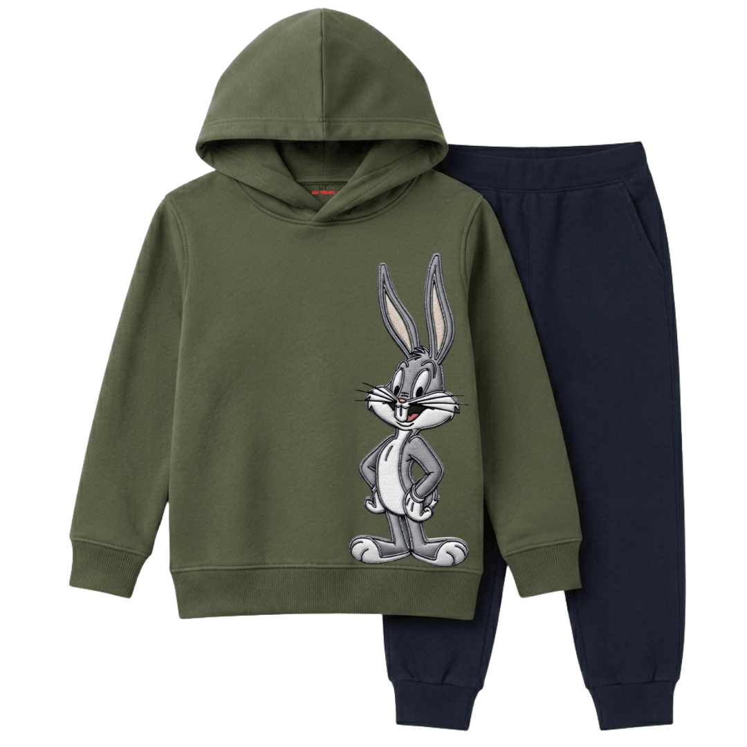 Olive Green & Navy Blue Looney Tunes Graphic Winter Hoodie Suit