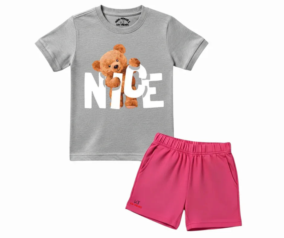 Nice Bear T Shirt & Shorts Combo – Gray/Pink | Mini Minors Kintrends