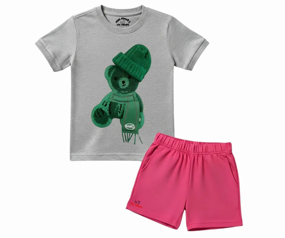 Color Contrast Greeny Bear Shorts Set (Not Embroidered) Kids T shirt and shorts | Mini Minors Kin Trends | Kintrends