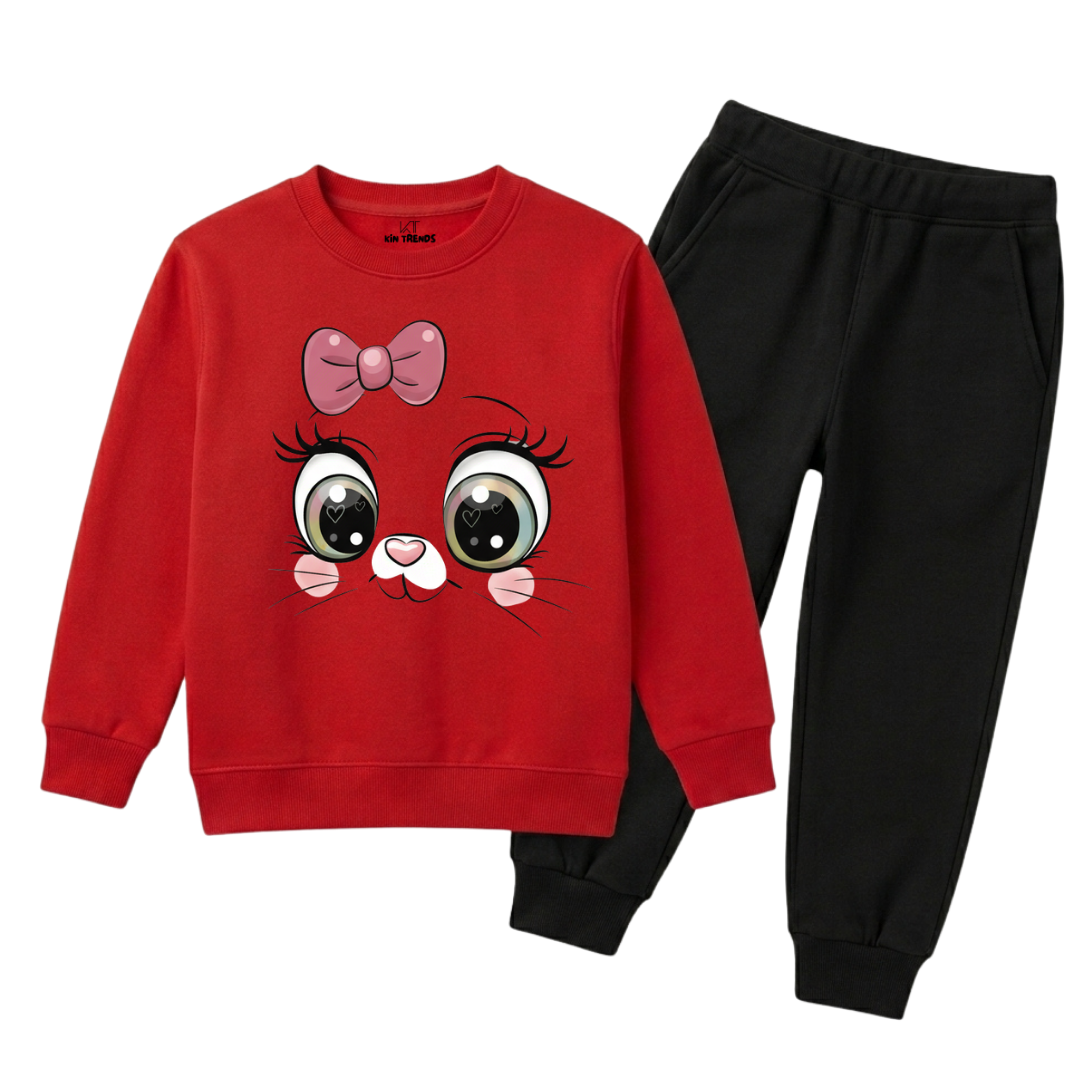 Cute Kitten Big Eyes Girls Winter Sweatshirt Tracksuit - 2 Pcs