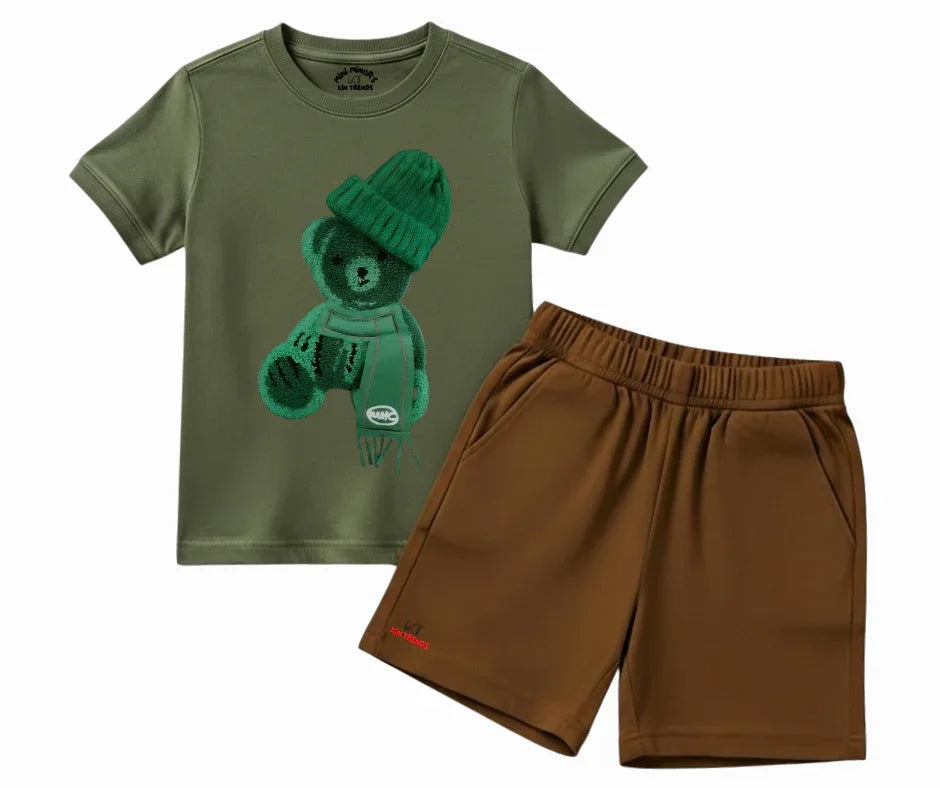Color Contrast Greeny Bear Shorts Set (Not Embroidered) Kids T shirt and shorts | Mini Minors Kin Trends | Kintrends