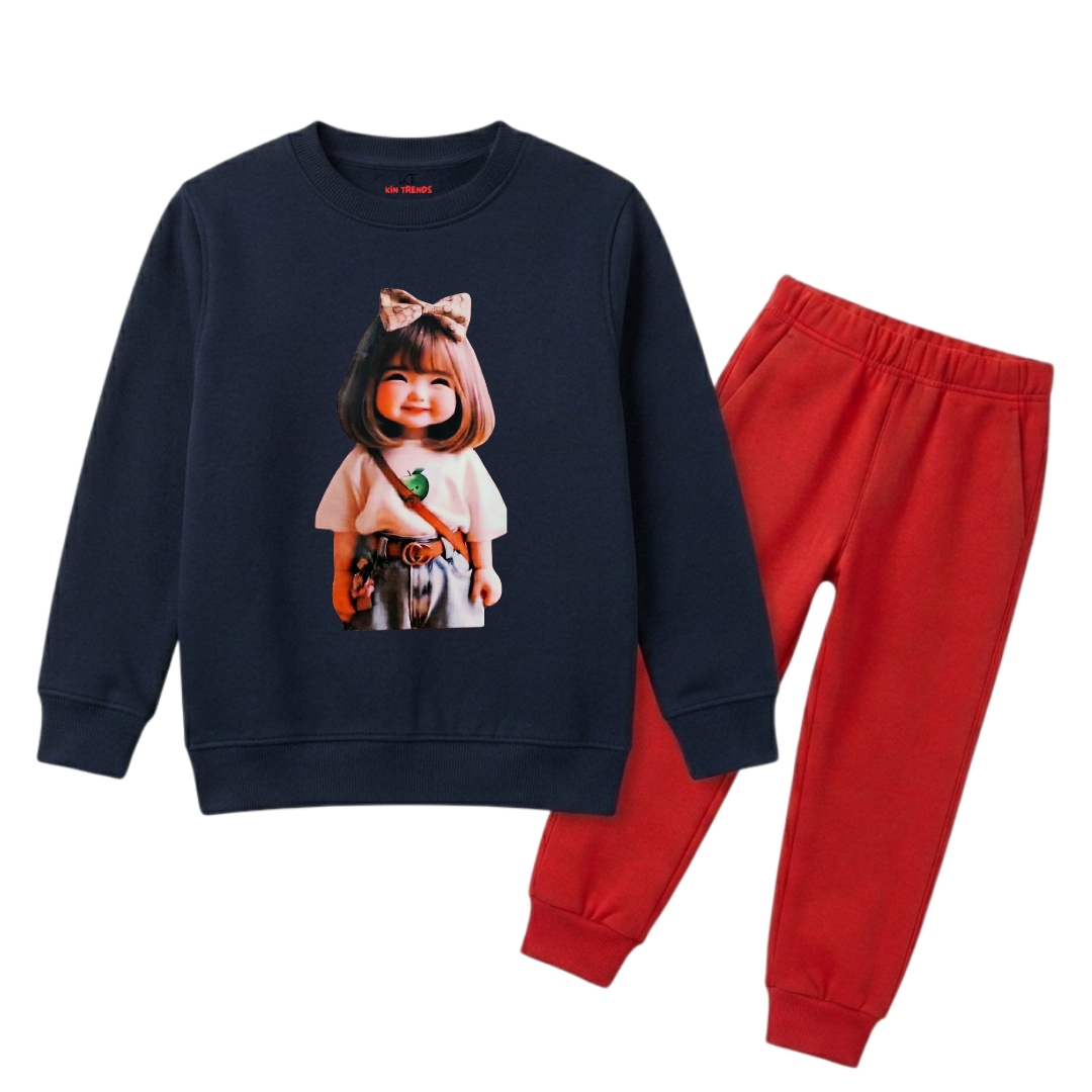Girls Navy Blue & Red Cute Anime Girl Graphic Winter Clothing Set