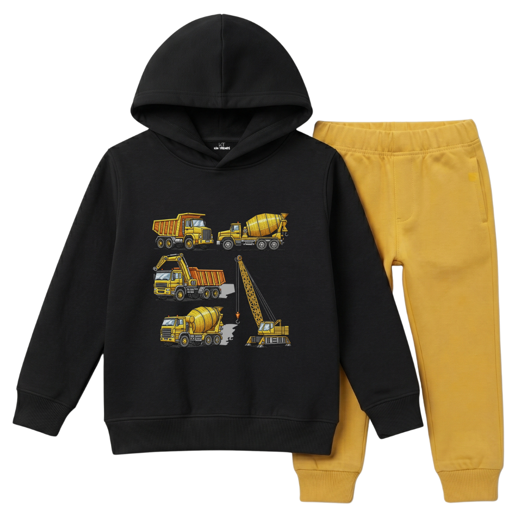 Boys Dumper & Crane Print Fleece Hoodie & Trouser Set