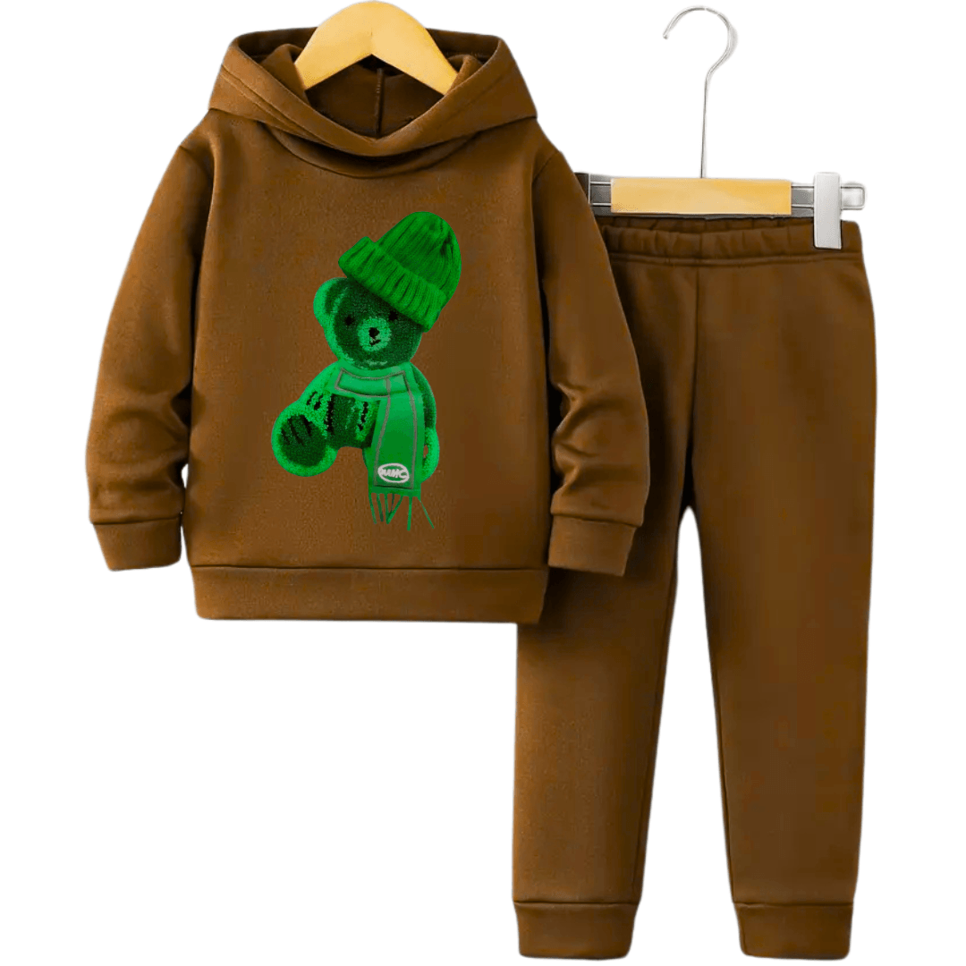 Printed Greeny Bear Fleece Hoodie Tracksuit - Kin Trends