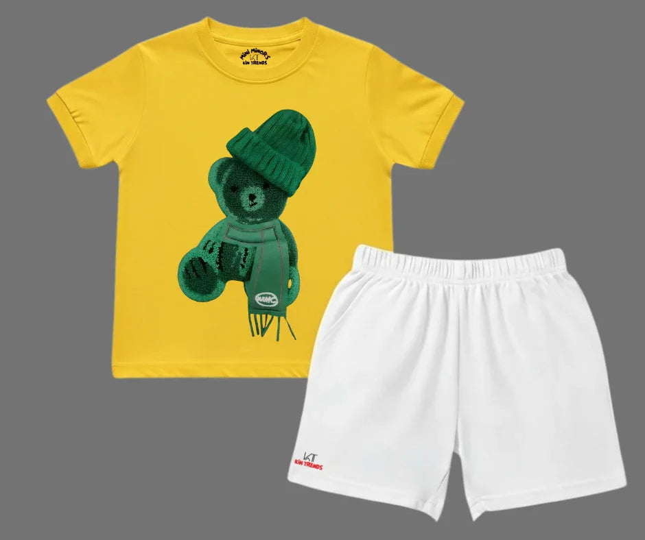 Color Contrast Greeny Bear Shorts Set (Not Embroidered) Kids T shirt and shorts | Mini Minors Kin Trends | Kintrends