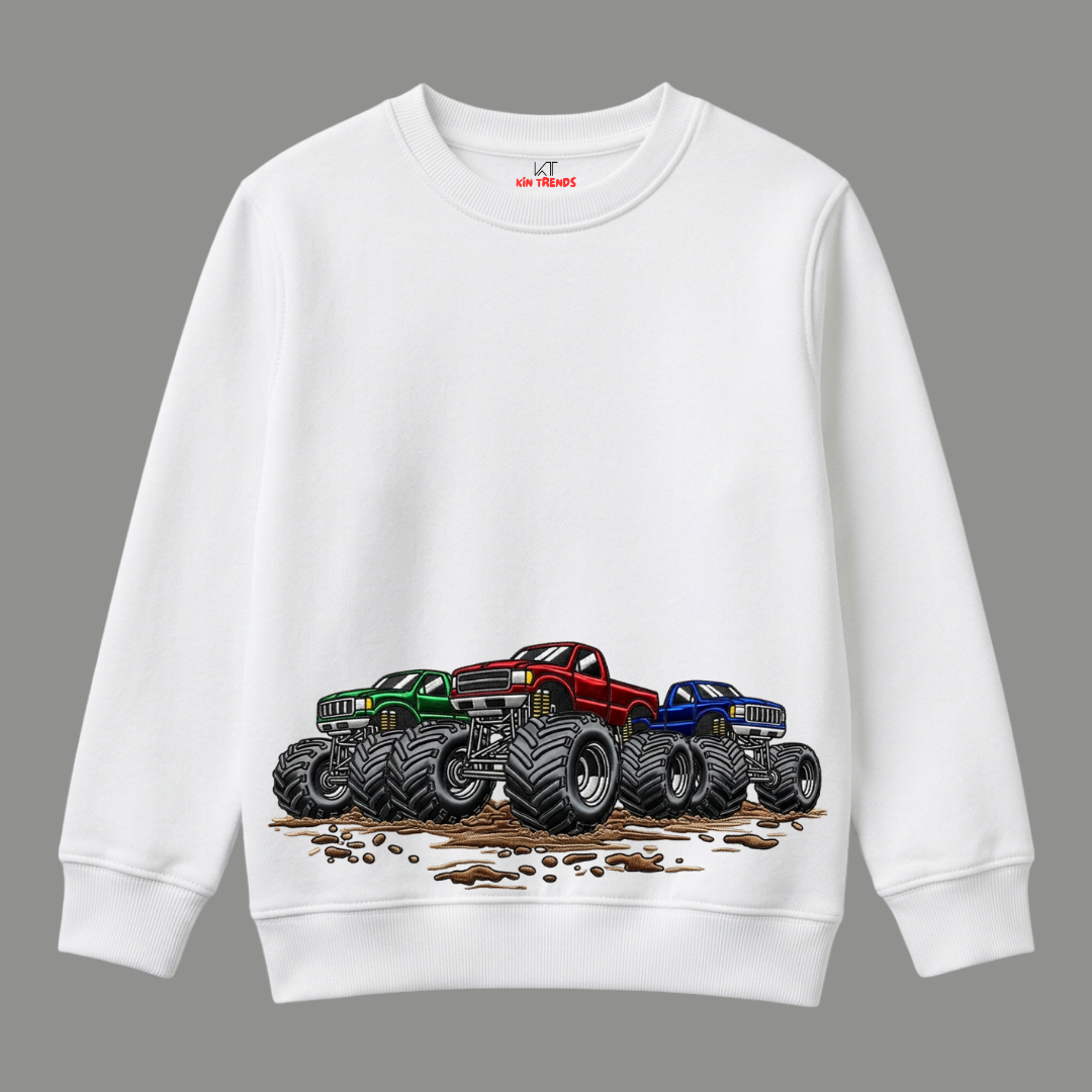 Muddy Off-Road Monster Trucks Racing Graphic Kids Winter Crewneck Sweatshirt