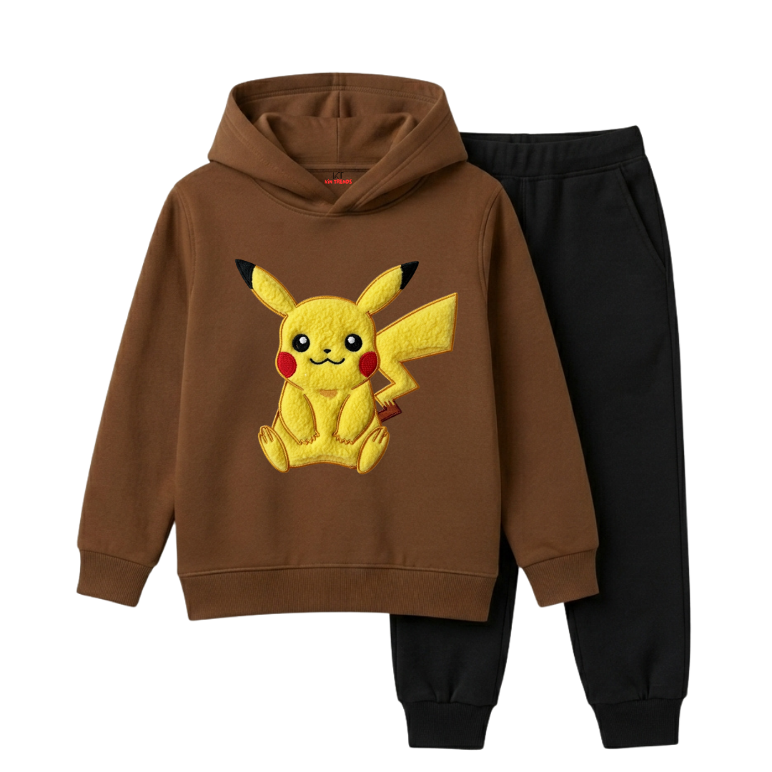 Pikachu Pokémon Cartoon Character Printed Kids Winter Fleece Tracksuit - 2 Pcs