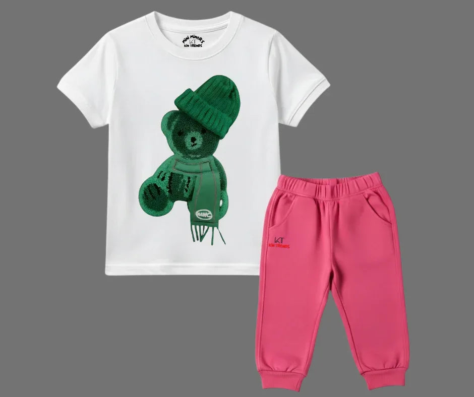 Greeny bear Color Contrast Tracksuit (Not Embroidered) Kids T shirt and trouser | Mini Minors Kin Trends | Kintrends