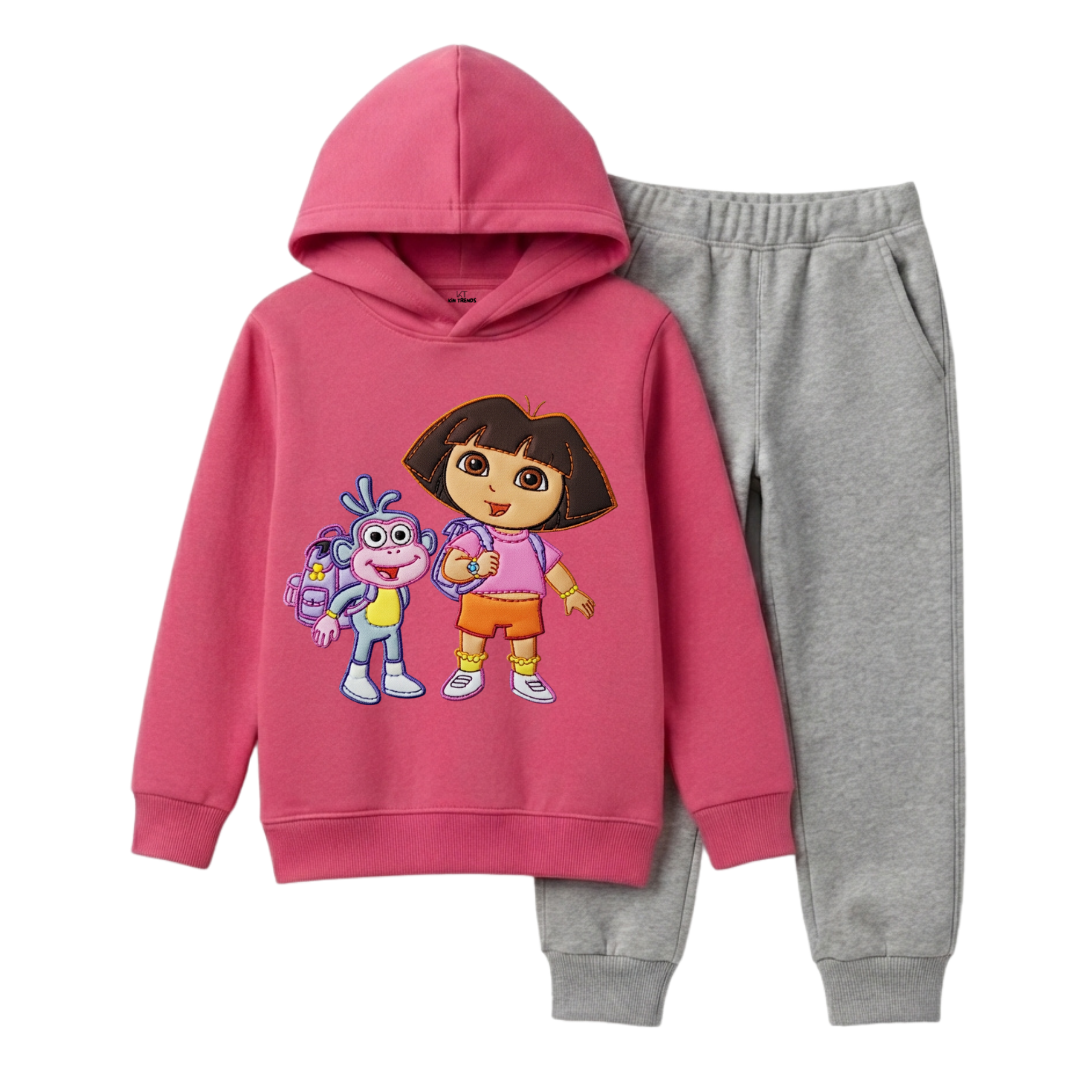 Dora The Explorer Cartoon Character Printed Girls Winter Fleece Tracksuit - 2 Pcs