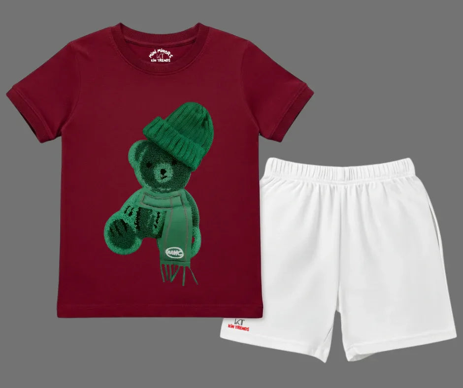 Color Contrast Greeny Bear Shorts Set (Not Embroidered) Kids T shirt and shorts | Mini Minors Kin Trends | Kintrends