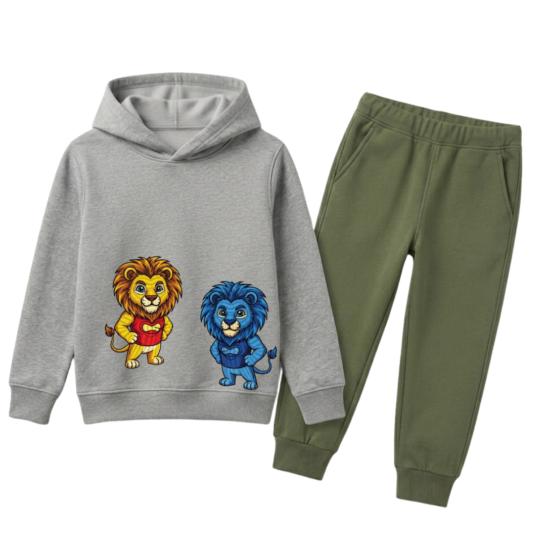 Cute Cartoon Lions Graphic Printed Kids Winter Fleece Tracksuit - 2 Pcs