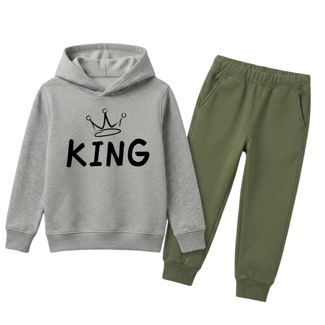 Boys Grey & Olive Green Premium King Print Winter Hoodie & Trouser Set