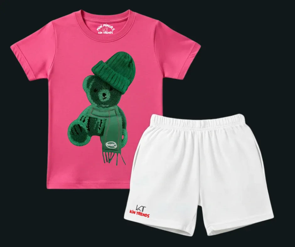 Color Contrast Greeny Bear Shorts Set (Not Embroidered) Kids T shirt and shorts | Mini Minors Kin Trends | Kintrends