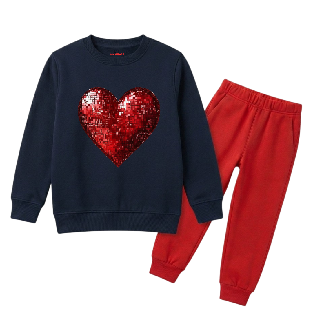 Red Disco Sequin Heart Girls Winter Tracksuit - 2 Pcs