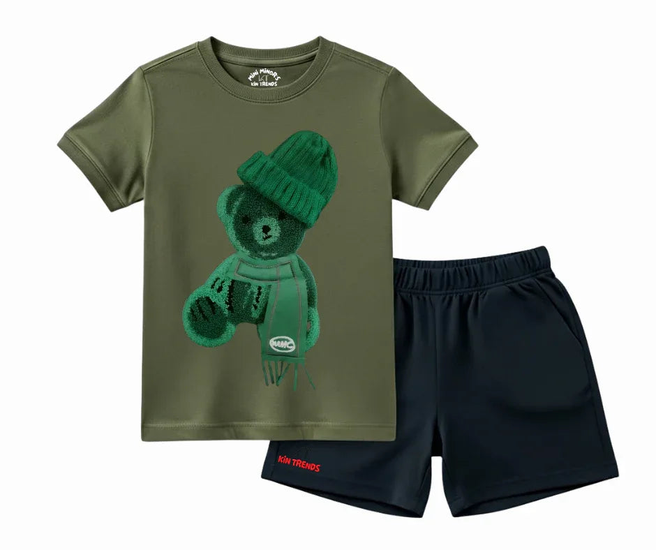Color Contrast Greeny Bear Shorts Set (Not Embroidered) Kids T shirt and shorts | Mini Minors Kin Trends | Kintrends
