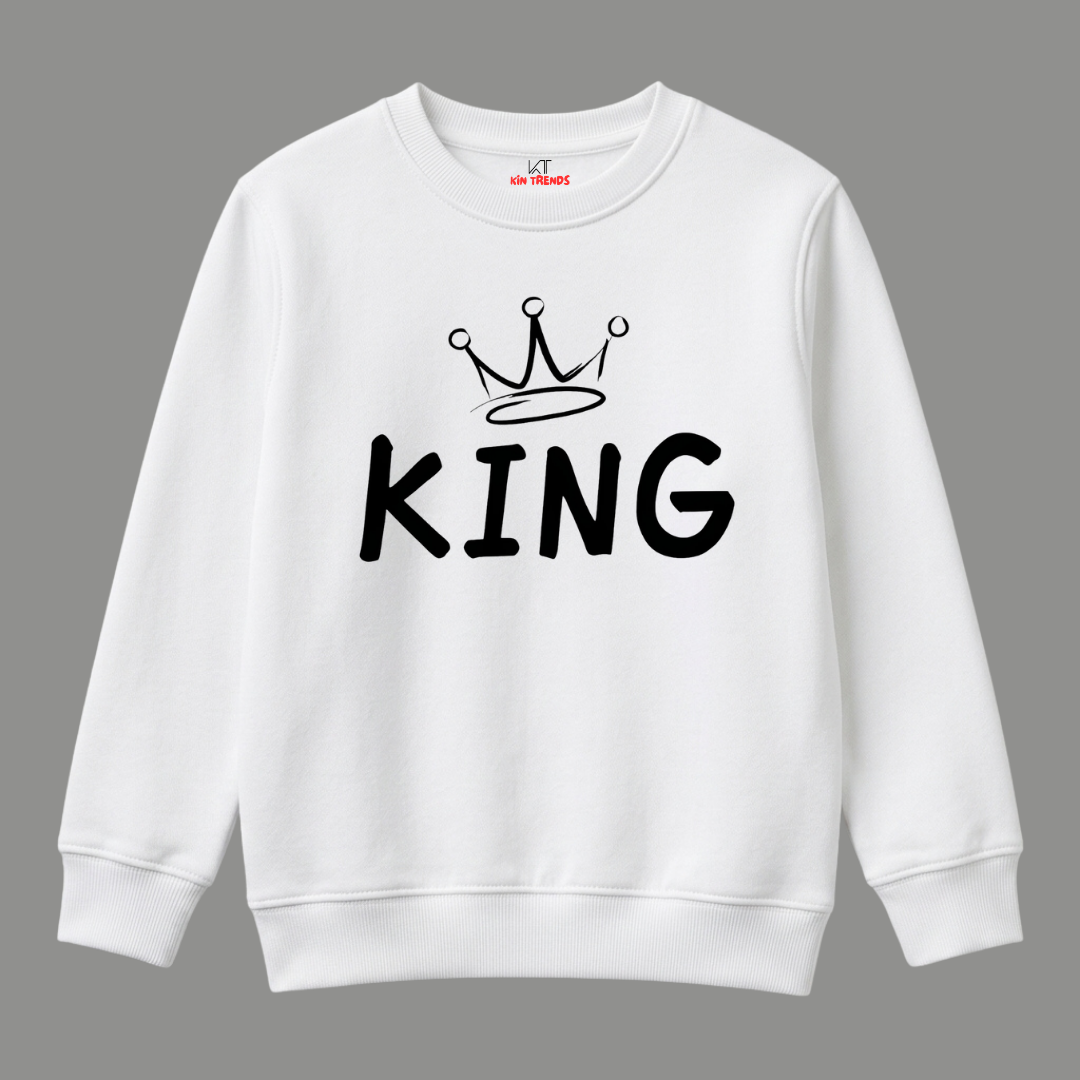 King Bold Crown Sketch Typographic Slogan Kids Winter Crewneck Sweatshirt