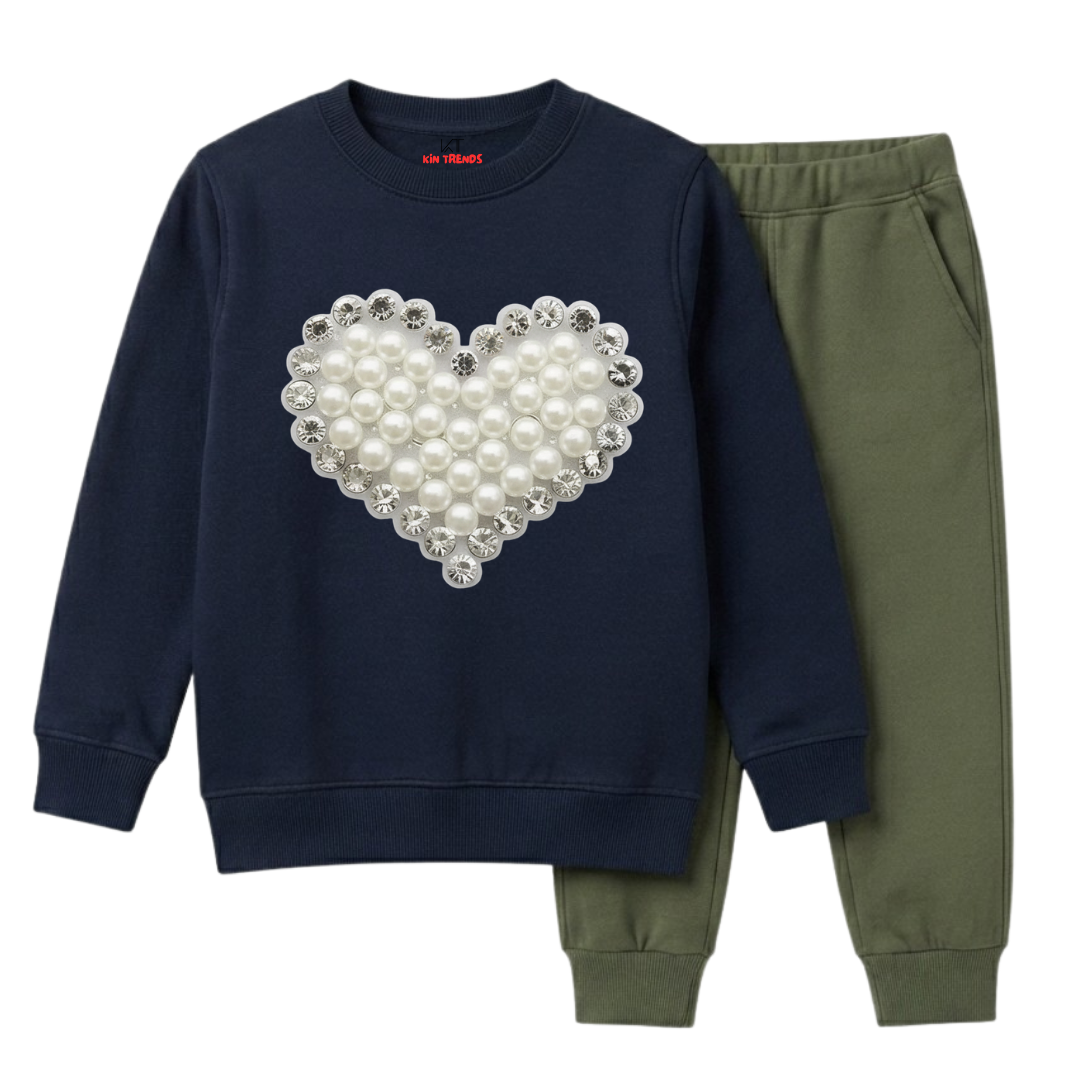 Girls Navy Blue & Olive Green Faux Pearl Heart Winter Suit
