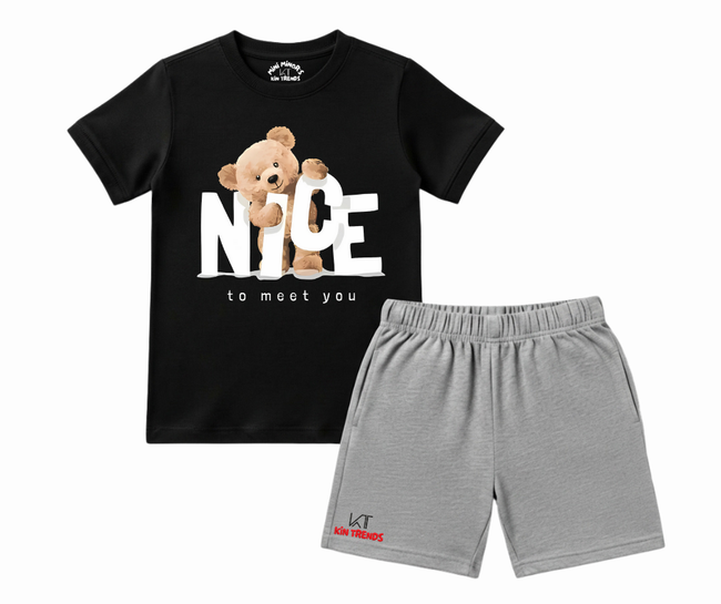 Nice Bear T Shirt & Shorts Combo – Black/Grey | Mini Minors Kintrends Hover Image