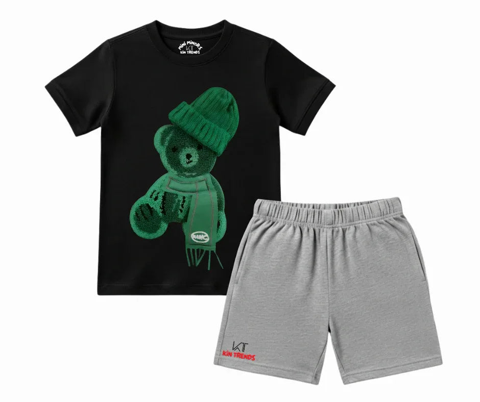 Color Contrast Greeny Bear Shorts Set (Not Embroidered) Kids T shirt and shorts | Mini Minors Kin Trends | Kintrends
