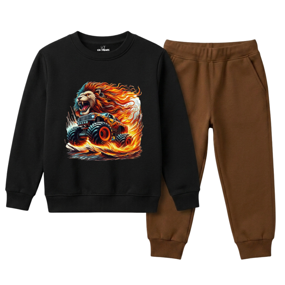 Boys Black & Coffee Brown Wild Lion Racing Print Winter Suit