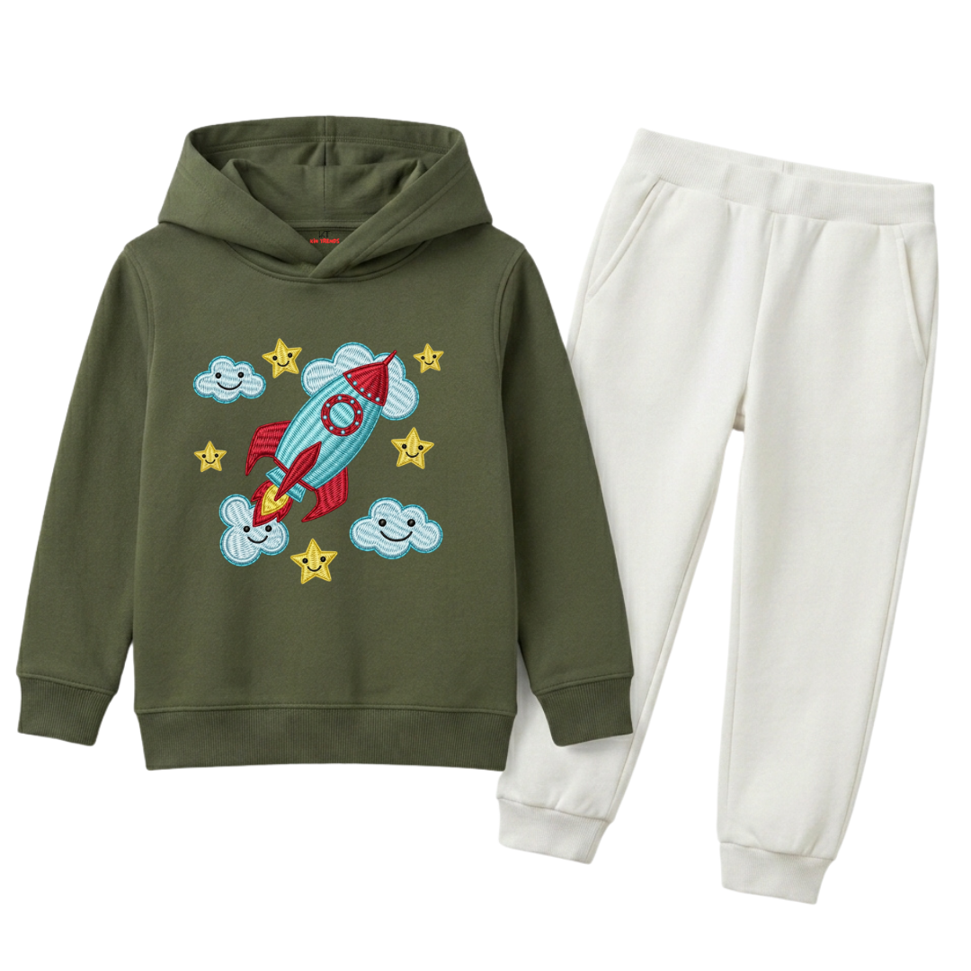 Cute Rocket & Stars Graphic Printed Kids Winter Fleece Tracksuit - 2 Pcs