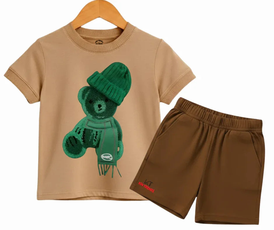 Color Contrast Greeny Bear Shorts Set (Not Embroidered) Kids T shirt and shorts | Mini Minors Kin Trends | Kintrends