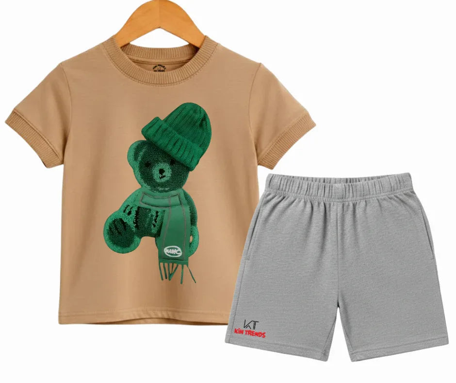 Color Contrast Greeny Bear Shorts Set (Not Embroidered) Kids T shirt and shorts | Mini Minors Kin Trends | Kintrends