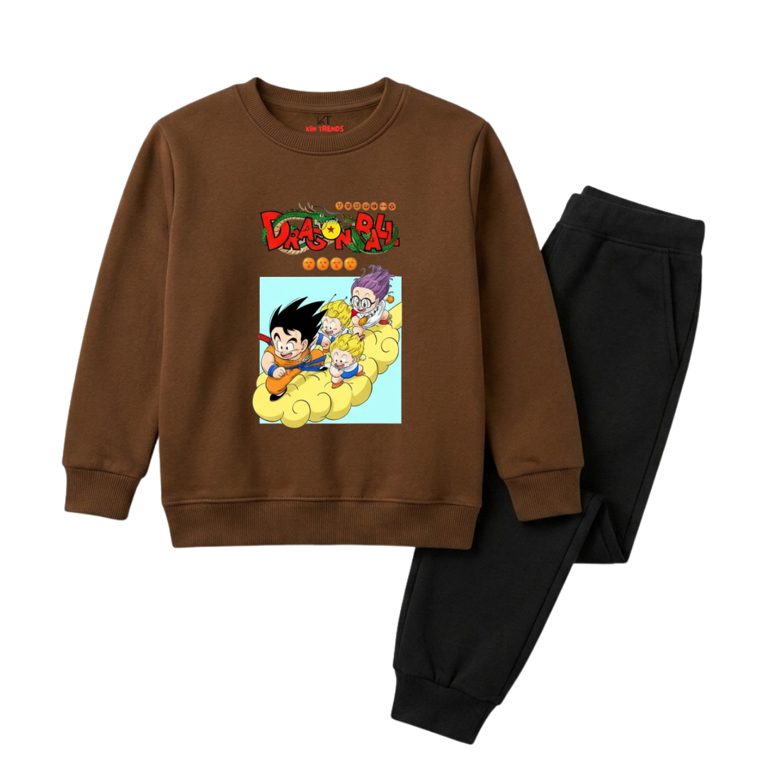 A two-piece kids' sweatshirt and sweatpants set. The sweatshirt is brown with a colorful Dragon Ball graphic on the front, and the matching sweatpants are black.