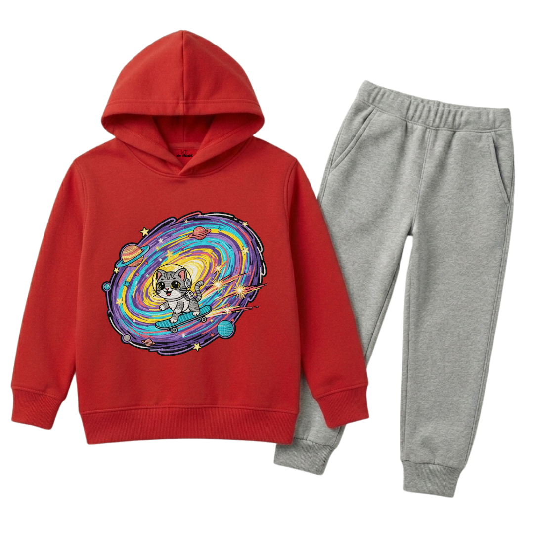 Kids Red & Grey Cosmic Cat Print Winter Hoodie & Jogger Pants Suit