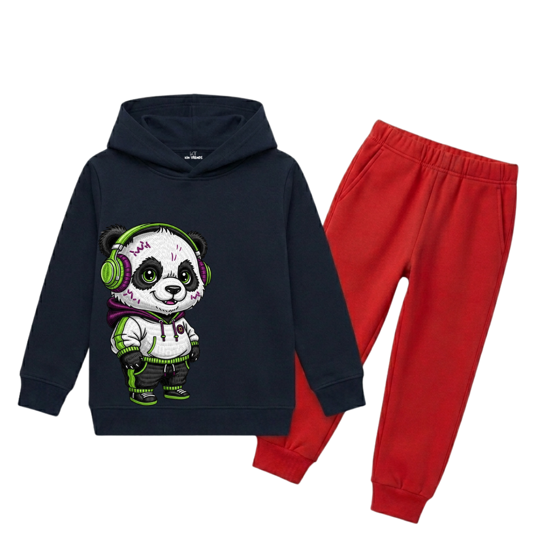 Cool Panda With Headphones Graphic Printed Kids Winter Fleece Tracksuit - 2 Pcs