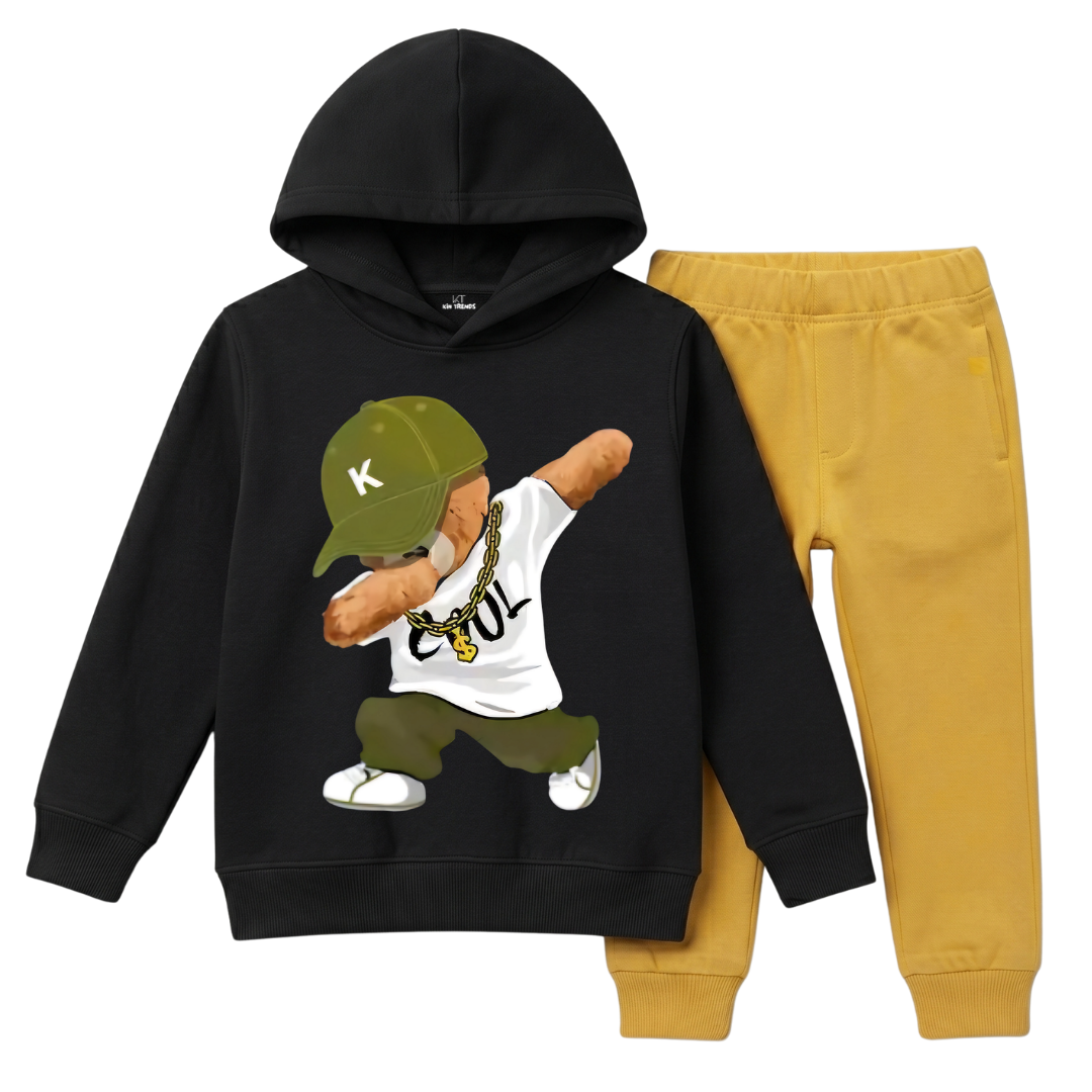 Kids Cool Hip Hop Bear Print Winter Hoodie & Trouser Suit
