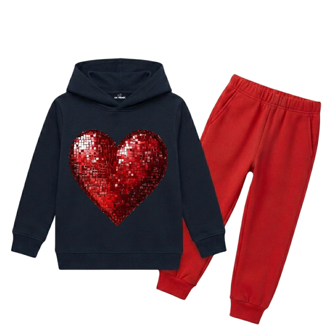 Girls Navy Blue & Red Metallic Heart Print Winter Hoodie Suit
