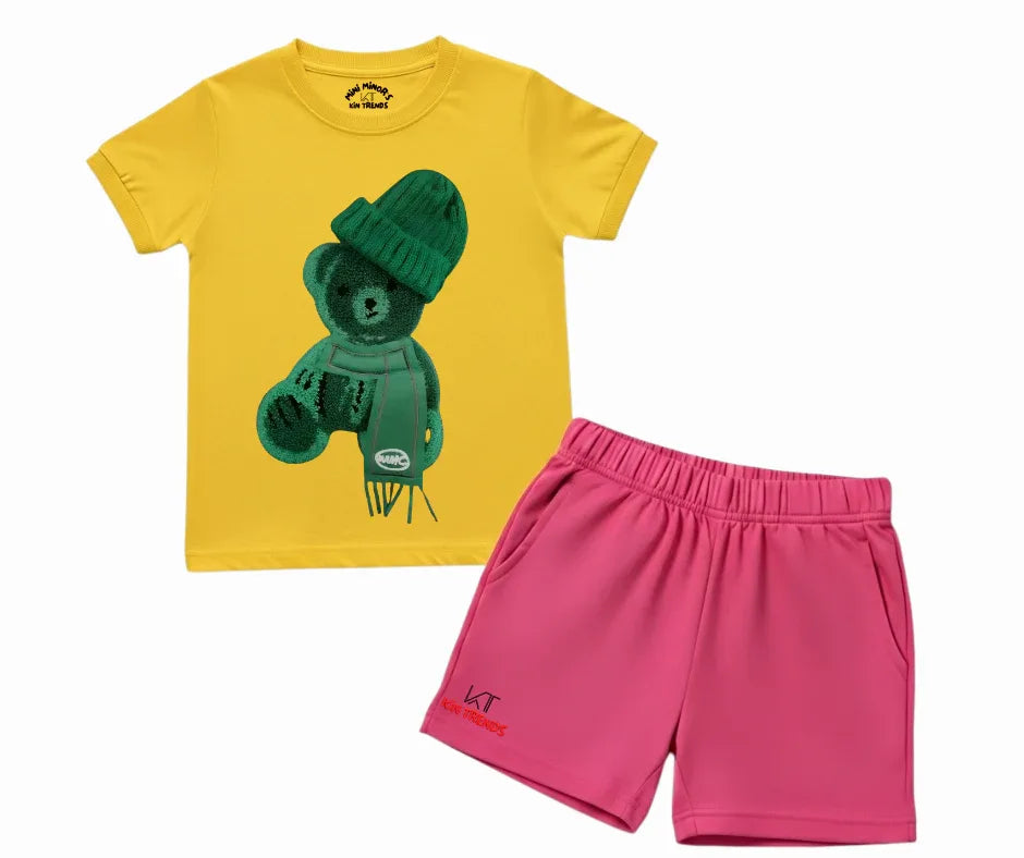 Color Contrast Greeny Bear Shorts Set (Not Embroidered) Kids T shirt and shorts | Mini Minors Kin Trends | Kintrends