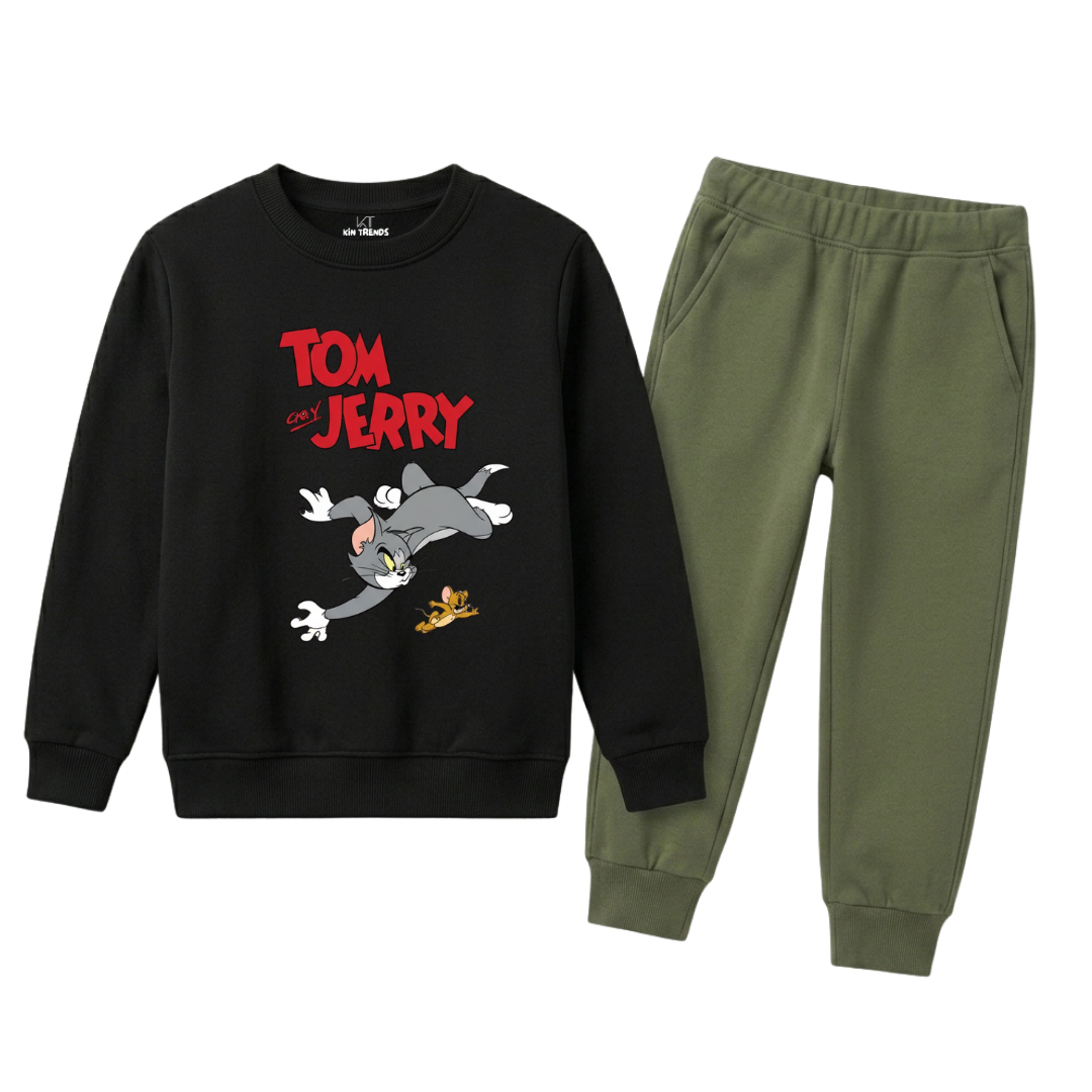 Black & Olive Green Classic Tom & Jerry Graphic Winter Suit