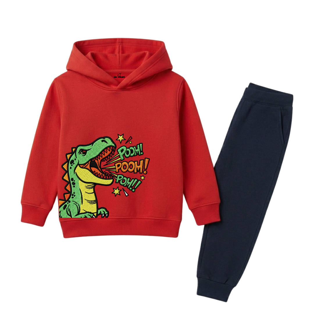Dinosaur Roar Cartoon Graphic Printed Kids Winter Fleece Tracksuit - 2 Pcs
