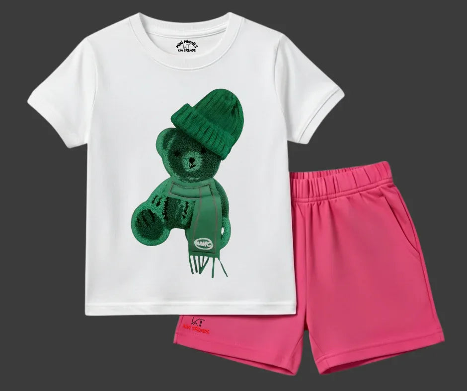 Color Contrast Greeny Bear Shorts Set (Not Embroidered) Kids T shirt and shorts | Mini Minors Kin Trends | Kintrends