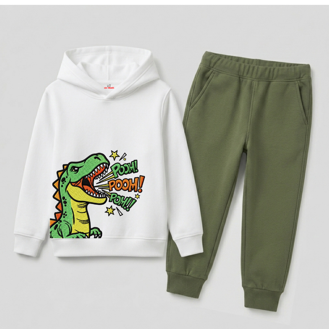 Dinosaur Roar Cartoon Graphic Printed Kids Winter Fleece Tracksuit - 2 Pcs