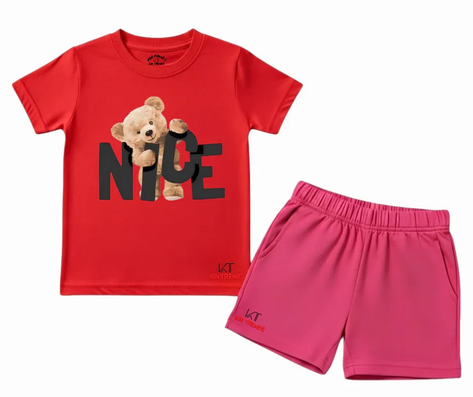 Nice Bear T Shirt & Shorts Combo – Red/Pink | Mini Minors Kintrends