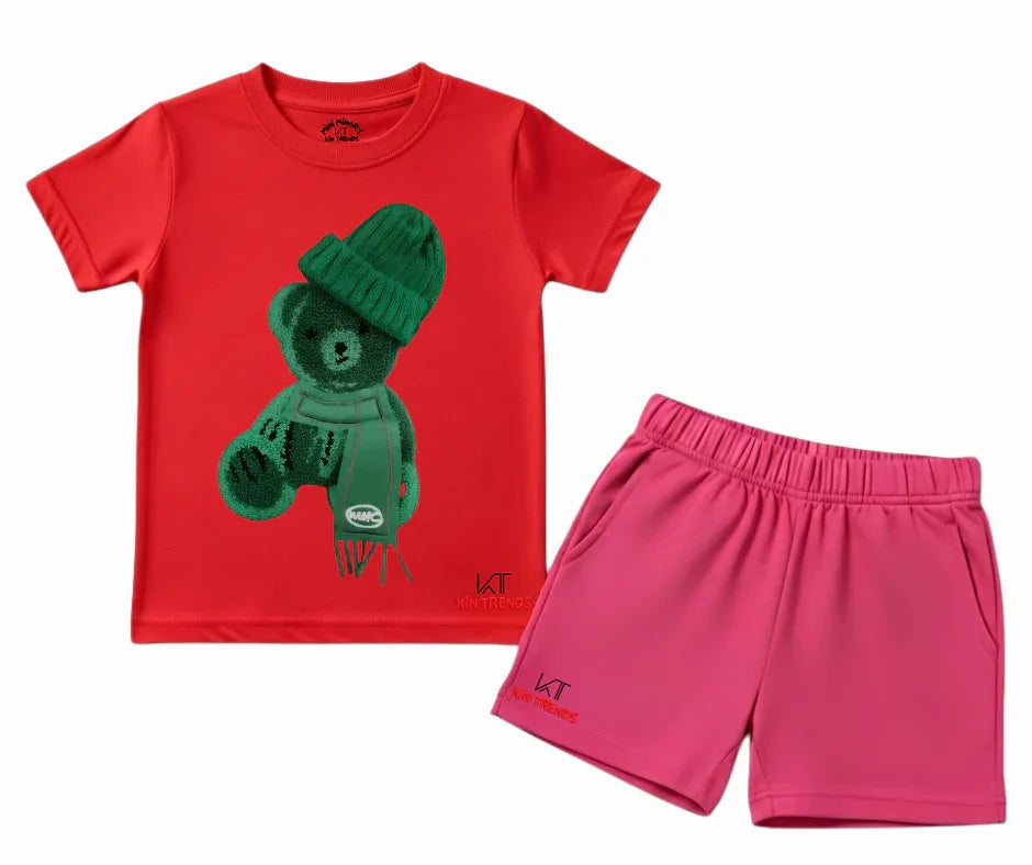 Color Contrast Greeny Bear Shorts Set (Not Embroidered) Kids T shirt and shorts | Mini Minors Kin Trends | Kintrends
