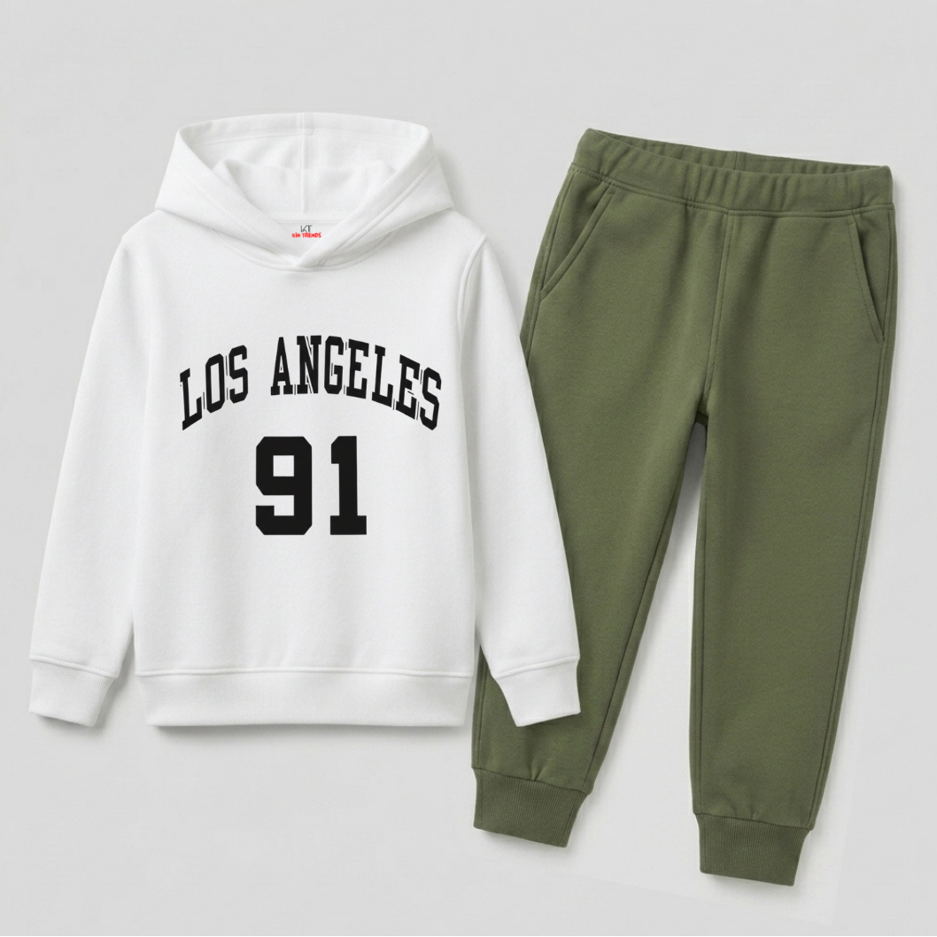 Los Angeles 91 Varsity Graphic Printed Kids Winter Fleece Tracksuit - 2 Pcs